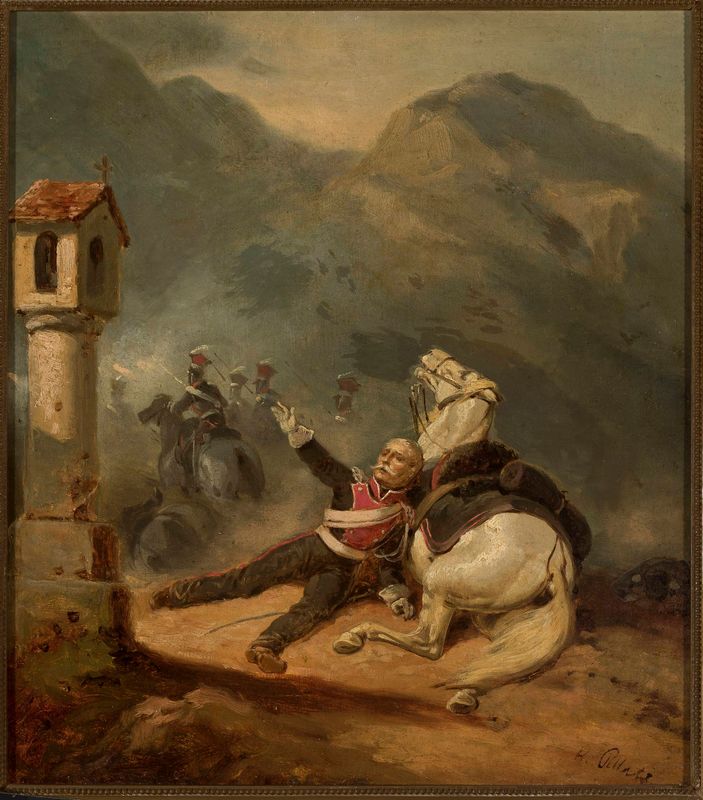Wounded uhlan by the wayside shrine