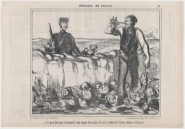 Ce perdreau est mort sur mon terrain..., from Émotions de Chasse, published in Le Charivari, October 10, 1857