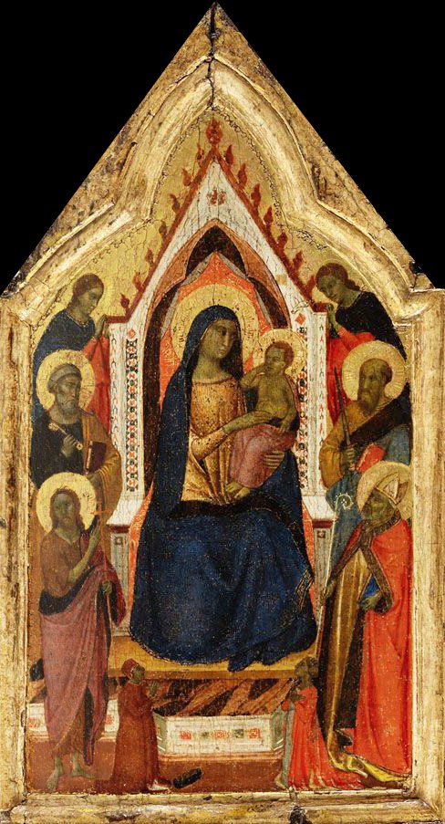 Madonna and Child enthroned flanked by saints John the baptist, Peter, Paul and Zenobius (?) and two angels, below them two donors by Taddeo Gaddi