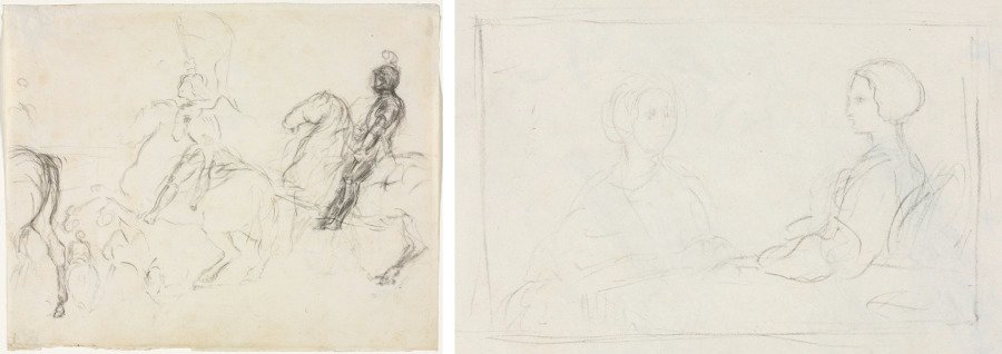Battle Scene with Armored Figures on Horseback (recto) Two Seated Women (verso) by Edgar Degas