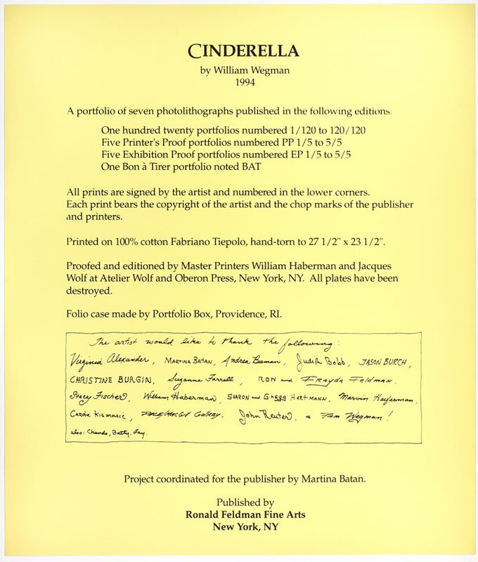 Title Page and Colophon (recto), and Process Description (verso), from Cinderella