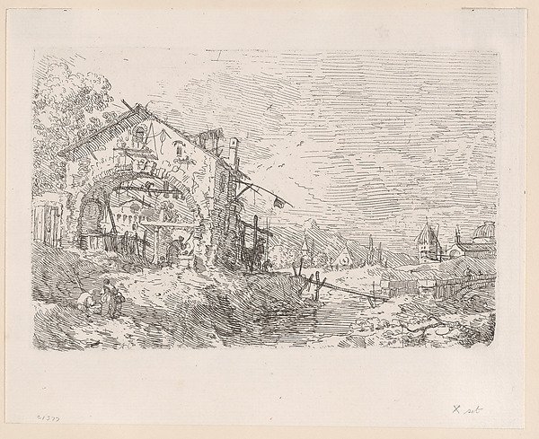 Woman drawing water from a well beneath an arcade at left, with a landscape at right by Canaletto