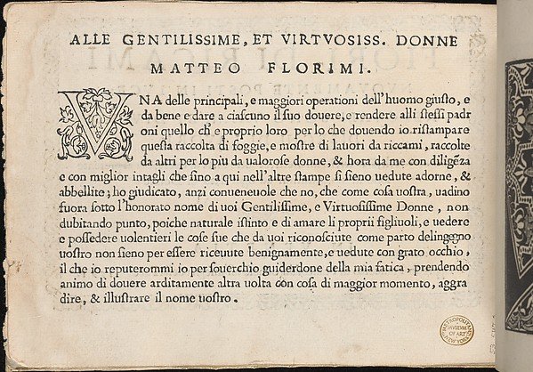 Fiori di Ricami Nuovamente Posti in Luce, title page (verso) by Matteo Florimi