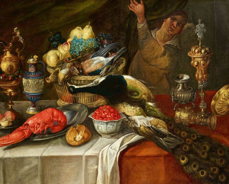 Large Still Life with a Lobster, Birds, Fruit, and Renaissance Goblets