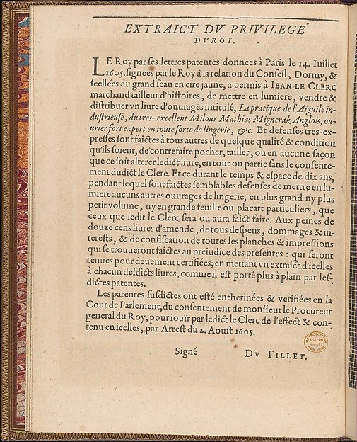 La Pratique de l'Aiguille, page 4 (verso) by Matthias Mignerak