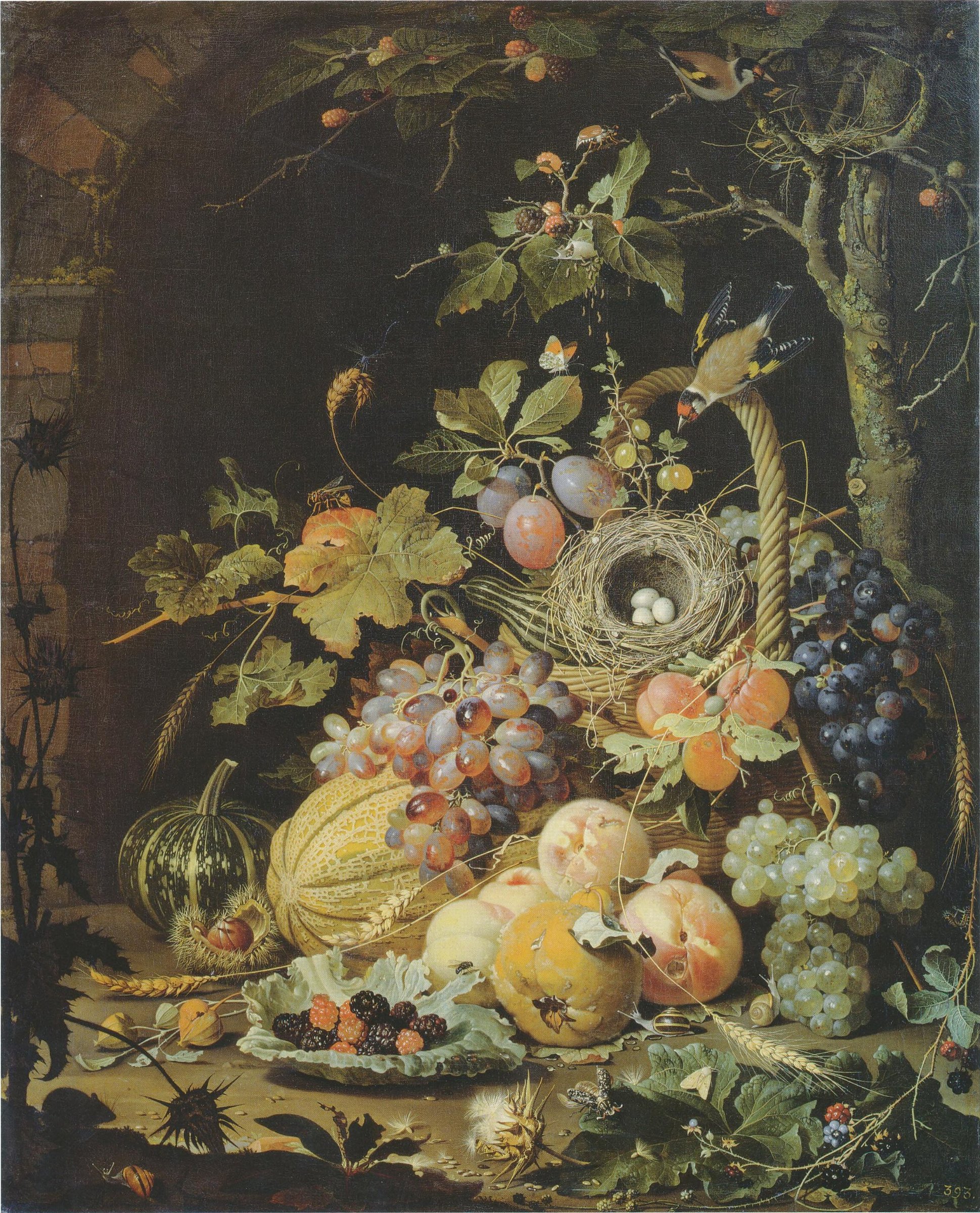A bird's nest in a fruit basket by Abraham Mignon