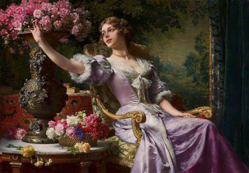 A lady in a lilac dress with flowers (For him).