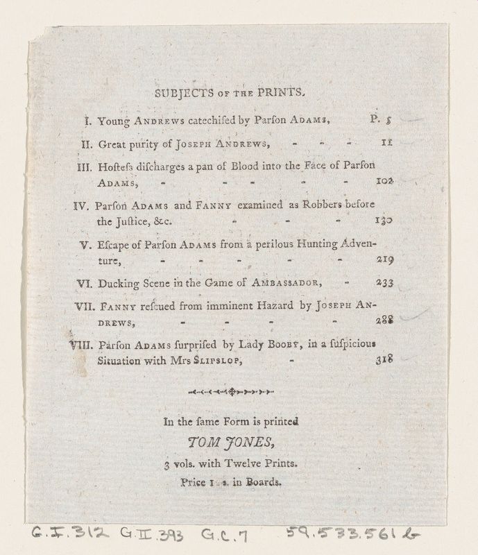 Table of Contents: "The Adventures of Joseph Andrews, and his friend Mr. Abraham Adams"