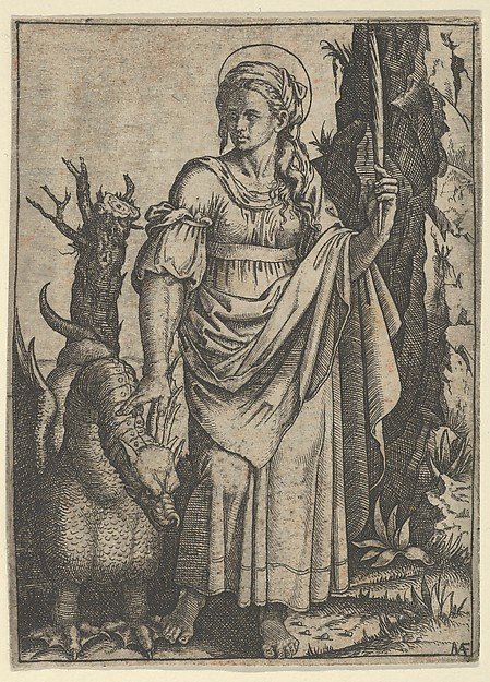 St Margaret holding a palm in her raised left hand, a dragon at her right by Marcantonio Raimondi