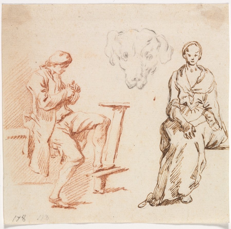 Sheet of Studies: Seated Man, Head of a Dog, Seated Woman by Claude-Joseph Vernet