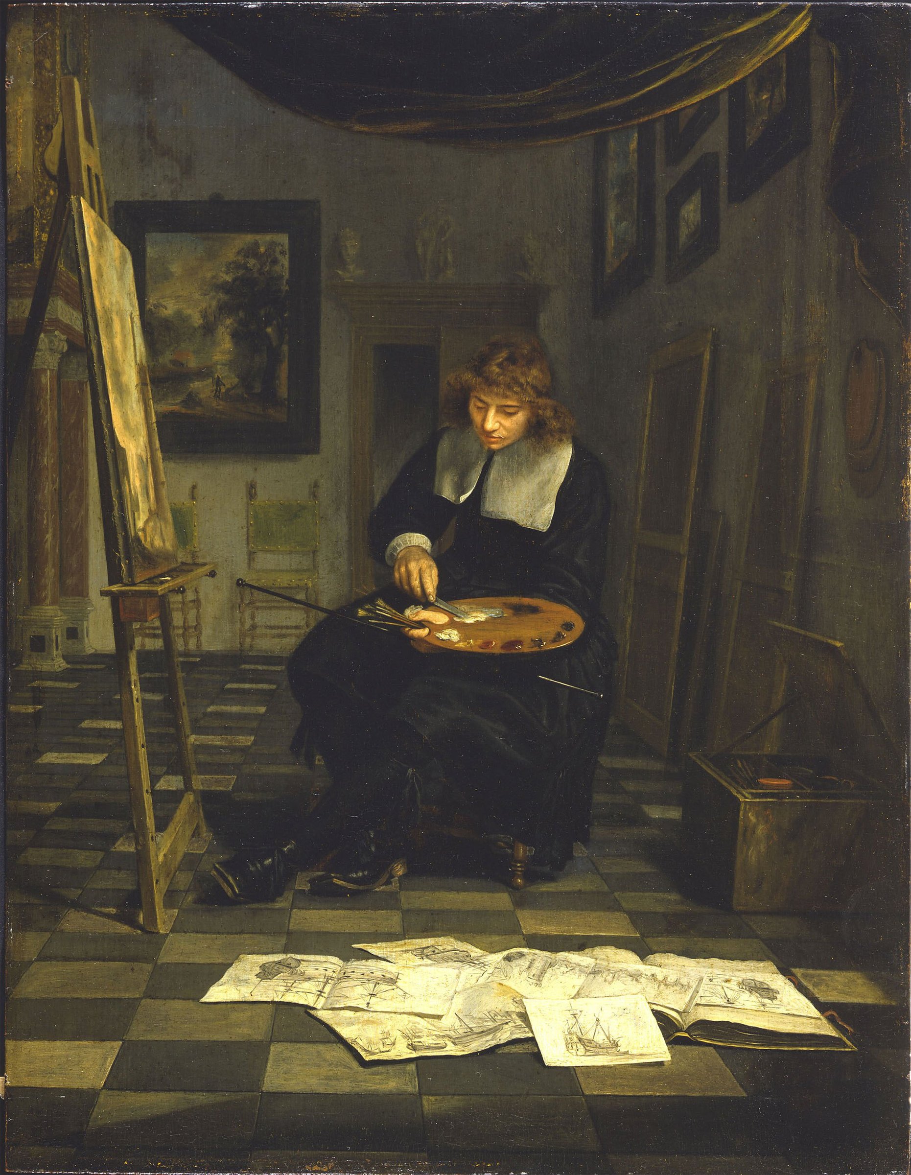 Portrait of an Artist in His Studio (Willem van de Velde?) by Michiel van Musscher