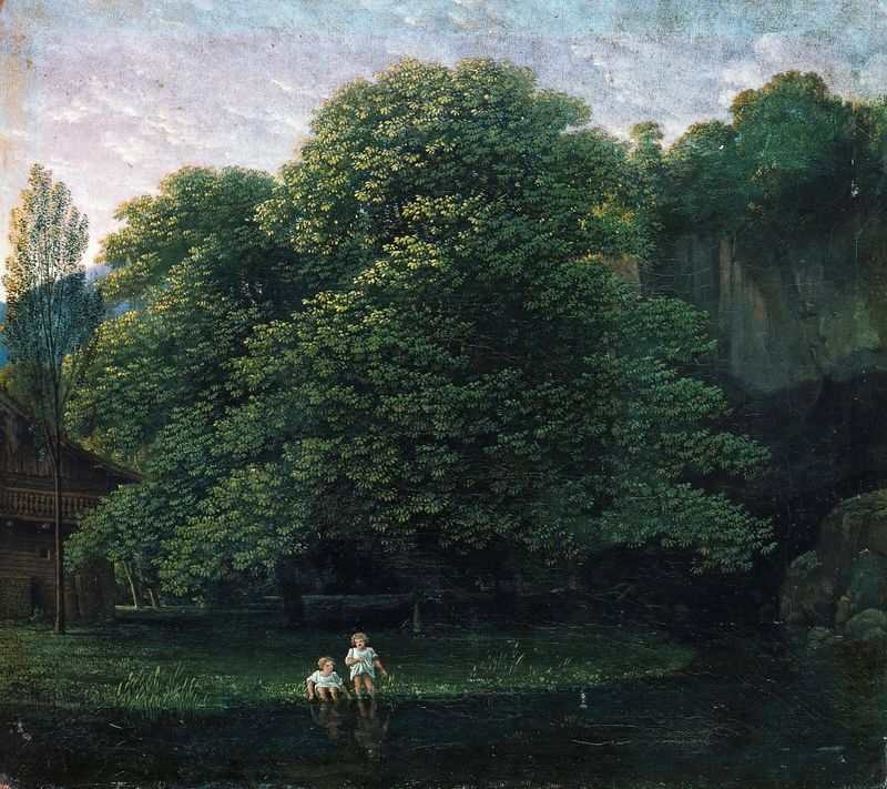 Landscape with two bathing children