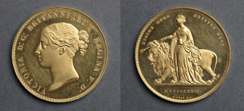 Five Pound Piece: Victoria (obverse); Una (reverse)