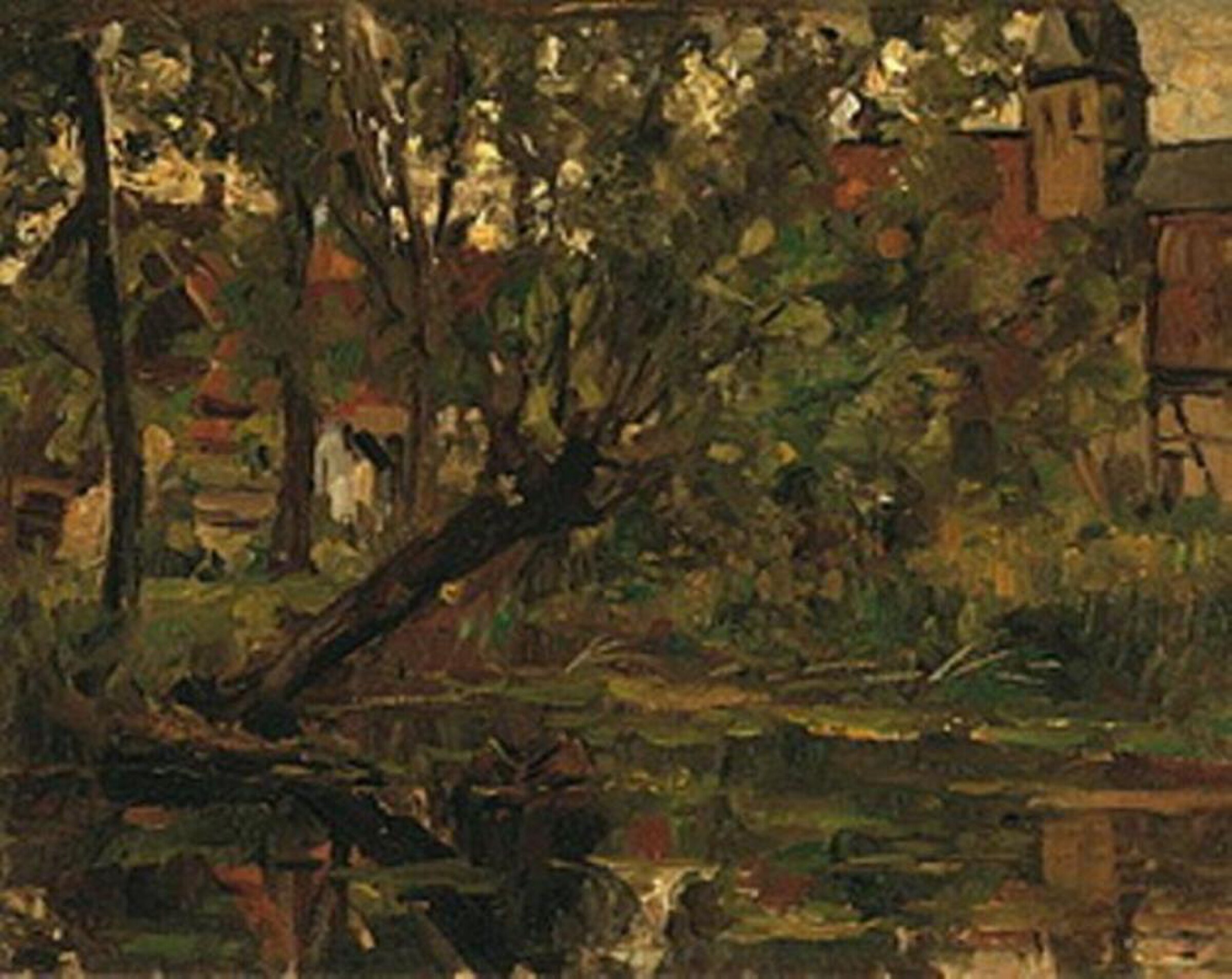 Willow suspended over the water before farm building and church tower — Piet Mondrian