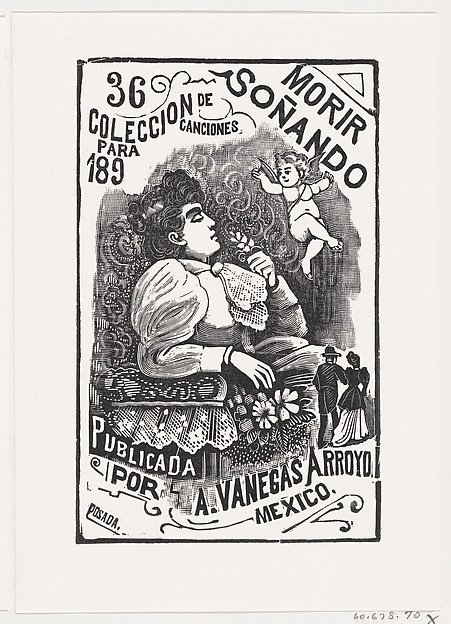 Profile of a woman sitting in a chair with her head back and holding a flower, illustration for 'Morir Soñando,' published by Antonio Vanegas Arroyo by José Guadalupe Posada