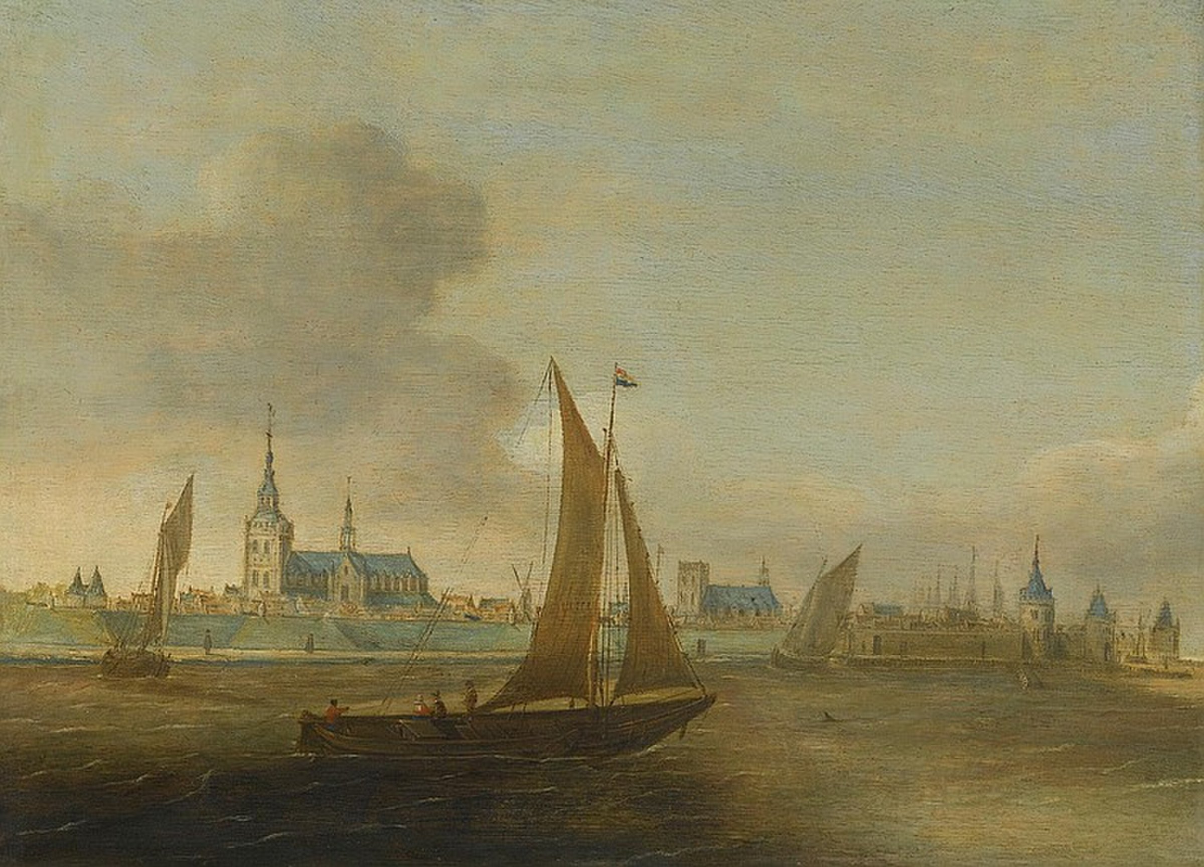 Ships off the coast near a town by Hans Goderis