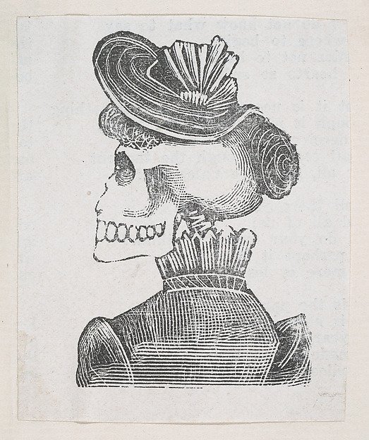 A skeleton with her back turned wearing a coat and hat, from a broaside entitled 'La Calavera de Cupido', published by Antonio Vanegas Arroyo. by José Guadalupe Posada
