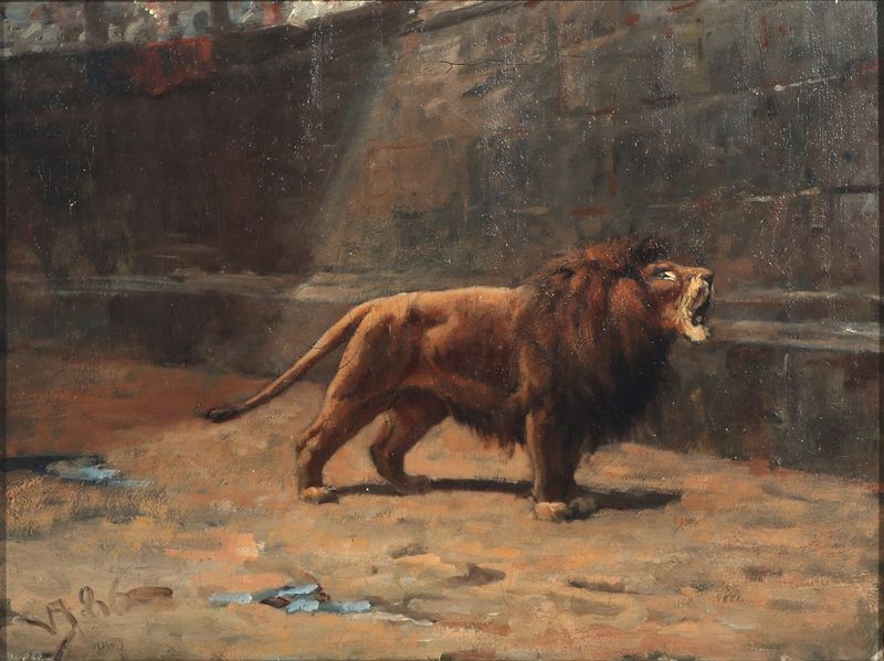 A roaring lion in the Colosseum.