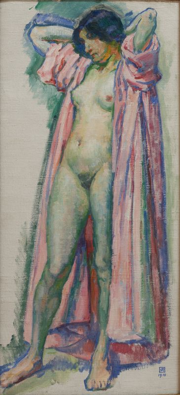 Woman in pink bathrobe