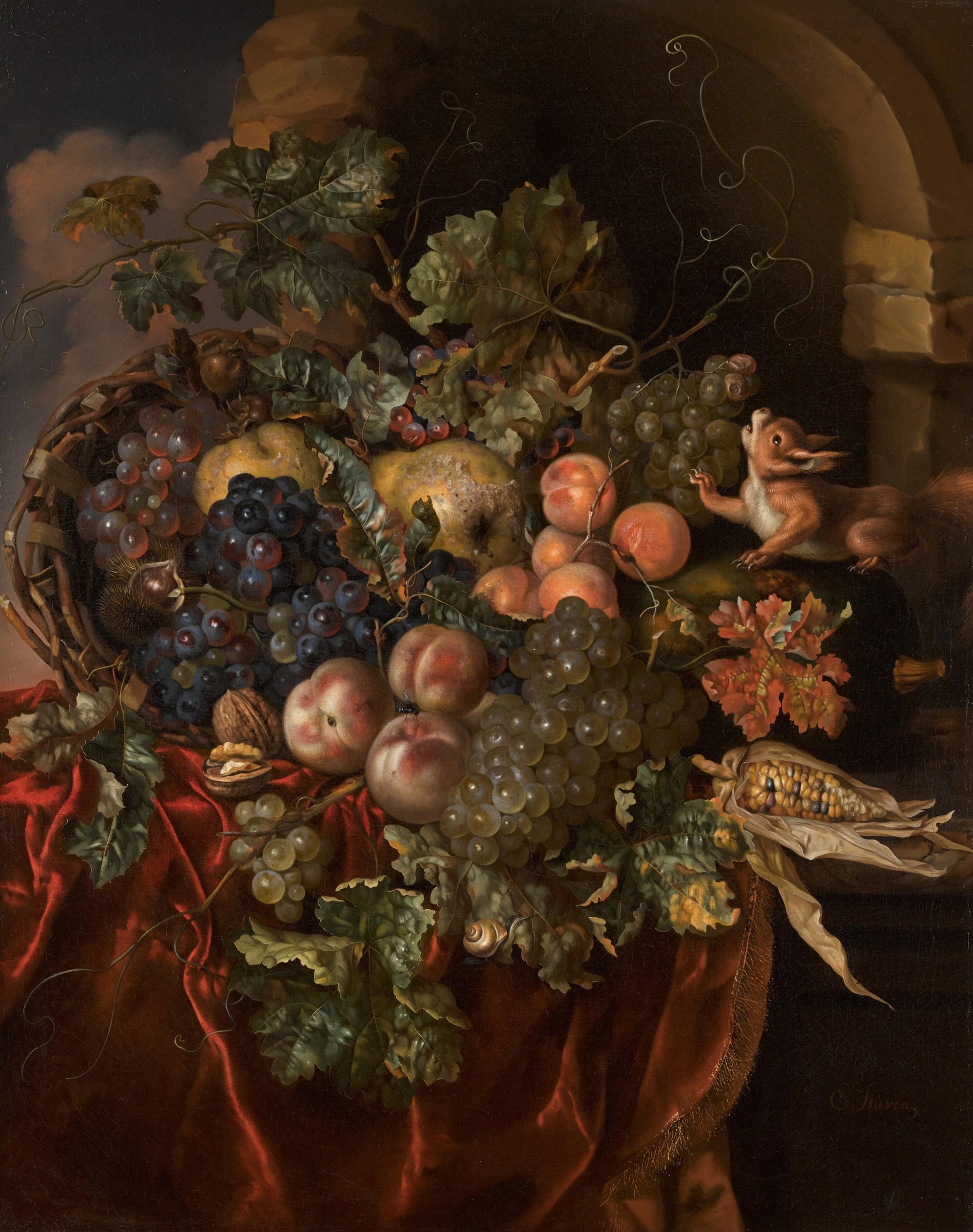 Still life of grapes, peaches, apricots, pears, walnuts and chestnuts, with a squirrel, on a ledge partially draped with a red cloth in a ruined stone niche by Ernst Stuven