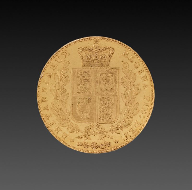 Sovereign: Broad Crowned Shield of Arms, Olive Branches and National Emblems (reverse)