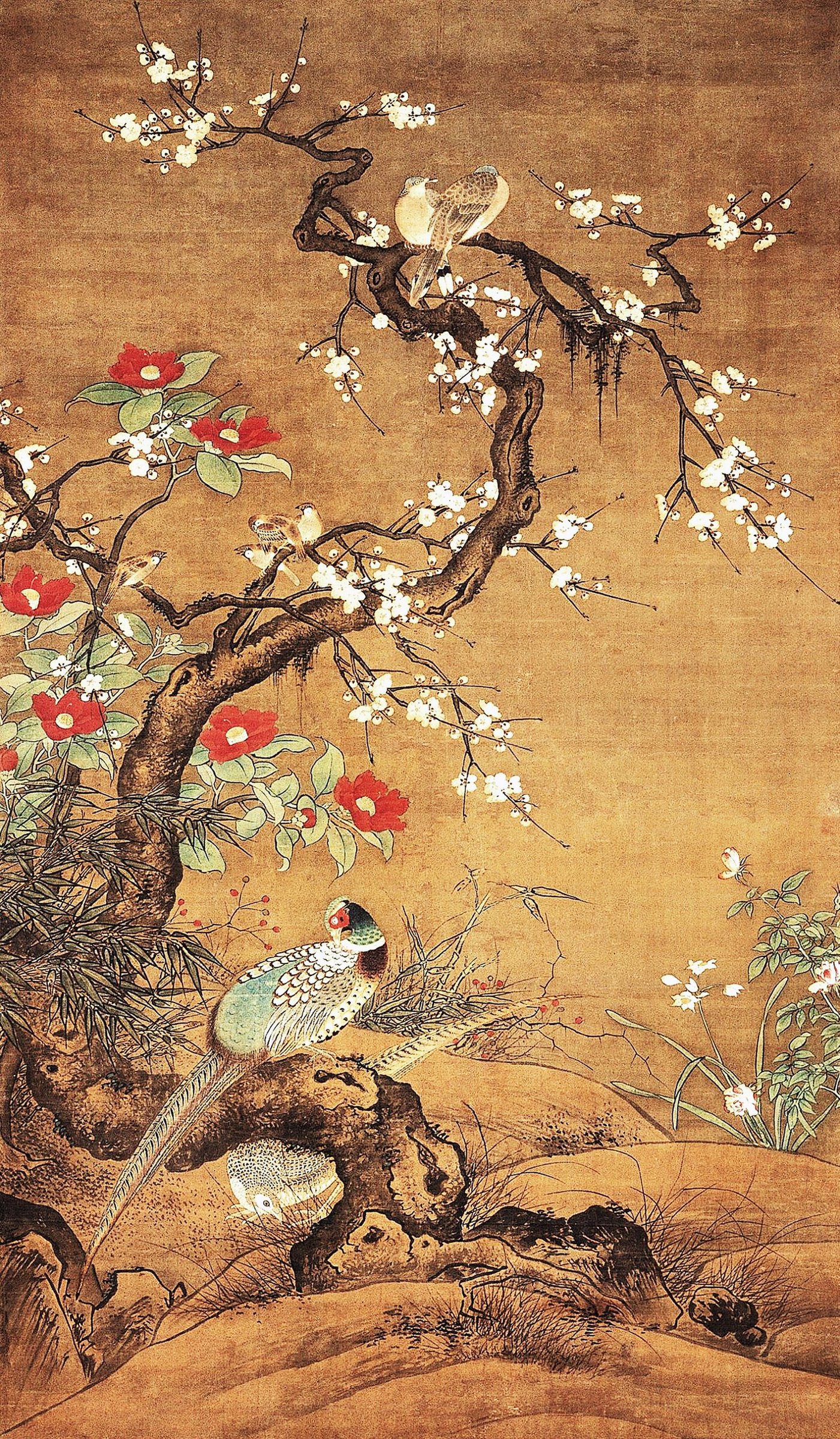 Pheasant and camellia shrub by Lü Ji