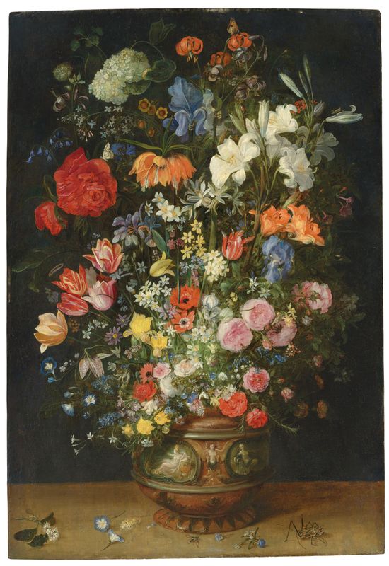 Lilies, tulips, roses and other flowers in an ornamental vase on a ledge, with butterflies and beetles