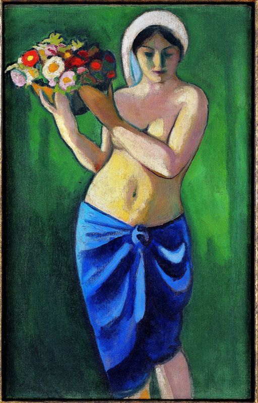Woman supporting a flower bowl