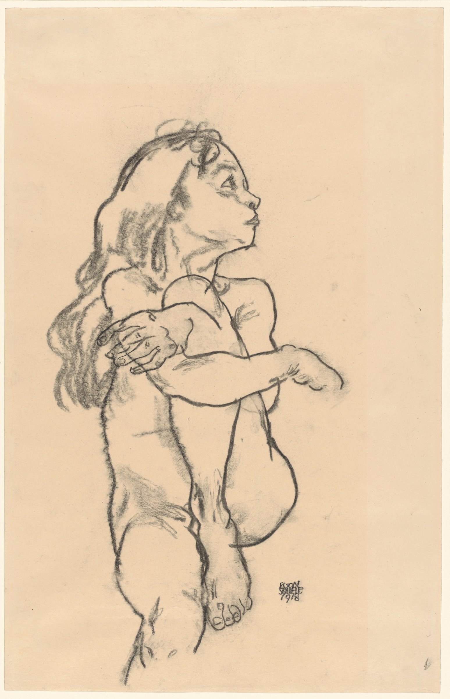 Seated Nude Girl Clasping Her Left Knee by Egon Schiele