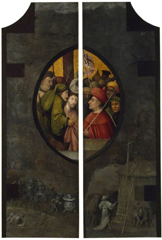 Christ before Pilate, Set within Grisailles of the Forces of Evil (outsides of two wings)
