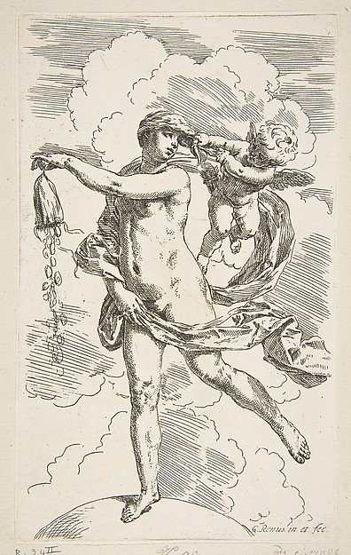 Fortune standing on a globe emptying a purse of coins by Simone Cantarini