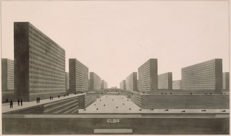 Highrise City (Hochhausstadt): Perspective View: North-South Street