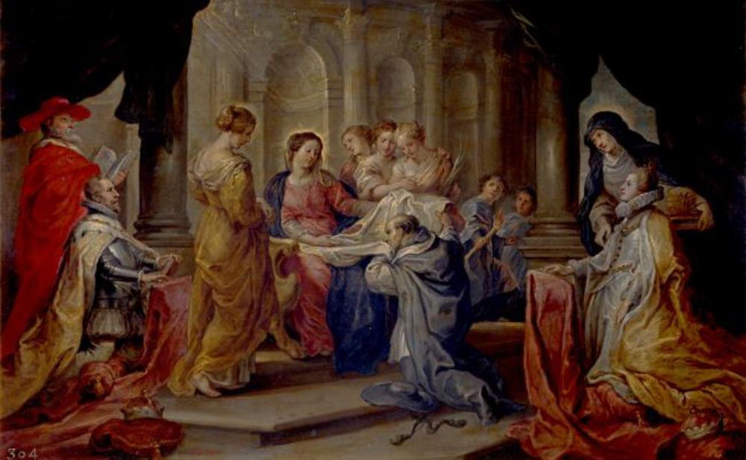 Saint Ildefonso receiving the chasuble from the virgin, in the presence of archduke Albert and the Infanta Isabella — 1601