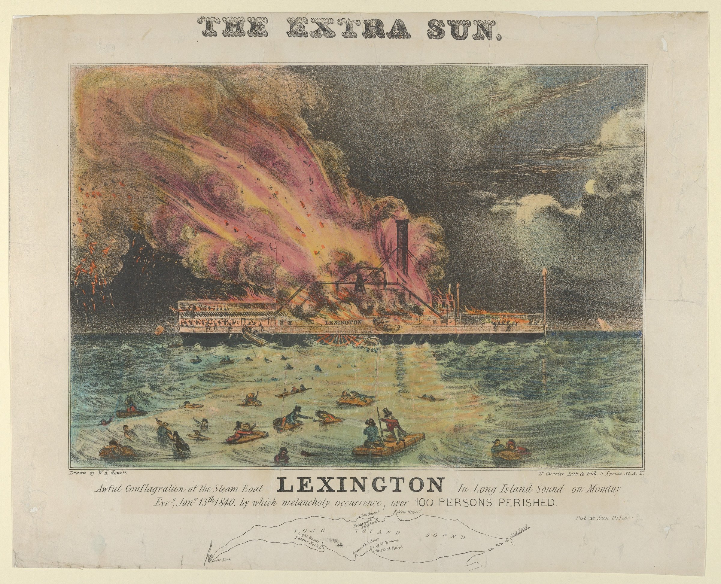 Awful Conflagration of the Steam Boat Lexington in Long Island Sound on Monday Eve, January 13th, 1840, by which melancholy occurrence, over 100 Persons Perished by William Keesey Hewitt