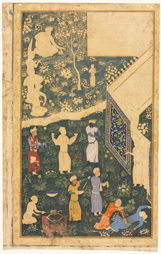 Left side of a double-page album folio: Outside a Royal Encampment (recto) by Bihzad