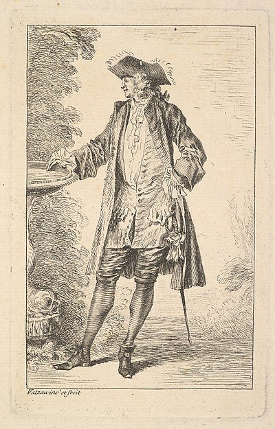 Standing man with his right hand resting on a basin, shown in three-quarters view with his head turned toward the left, from "Figures of Fashion" (Figures de Modes) by Antoine Watteau