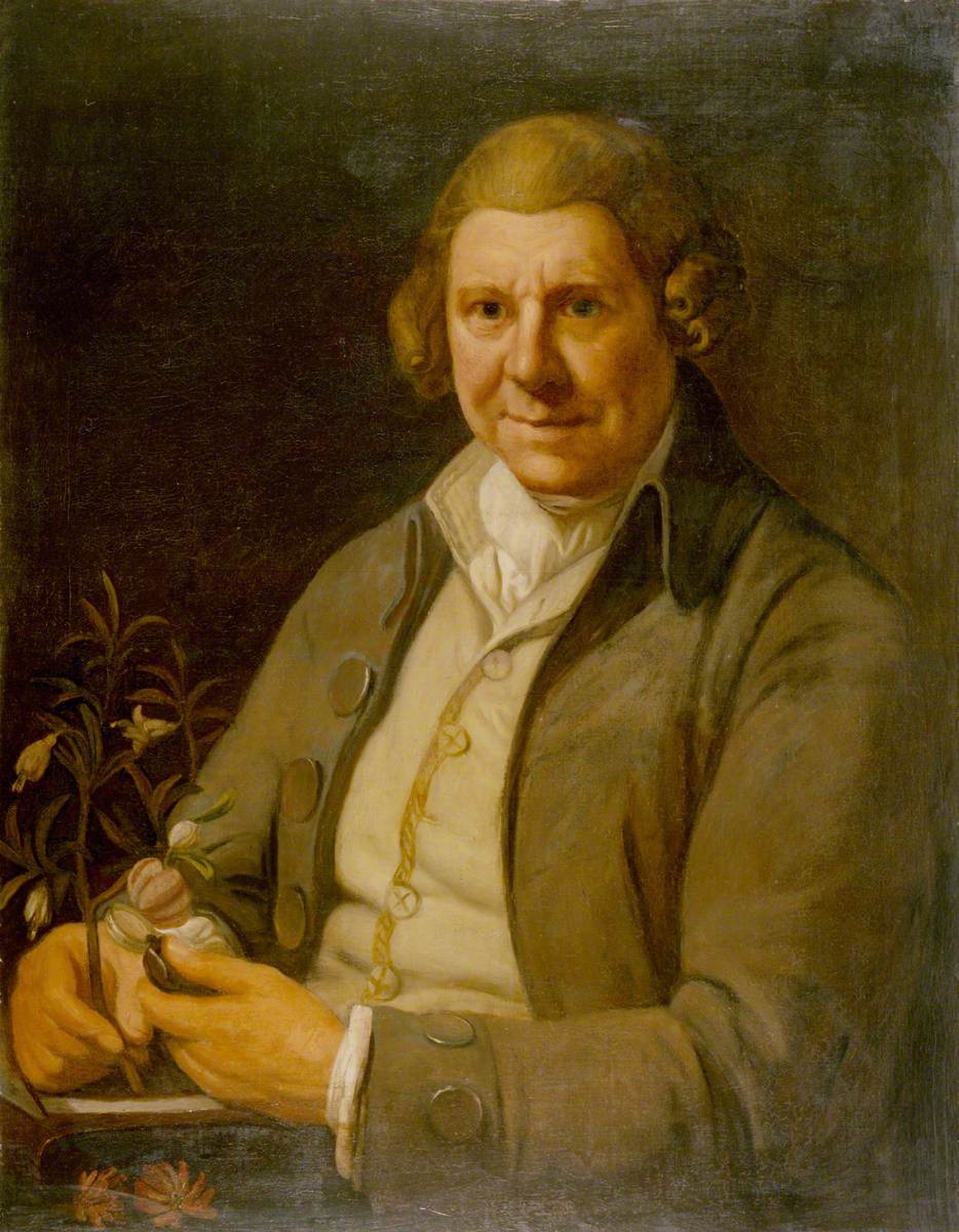 William Aiton (1731–1793), Holding a Plant (species of Aitonia) in His Right Hand and a Hand Lens in His Left by George Engleheart