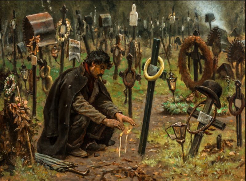 All Saints' Day. A widower in a cemetary for the poor in Rome.