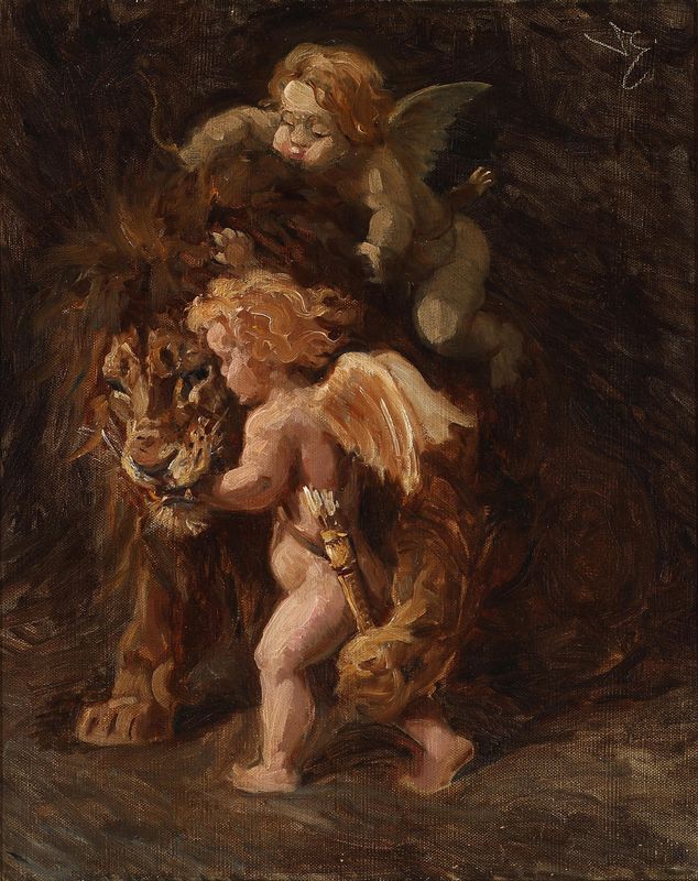 Cupids pestering an old lion