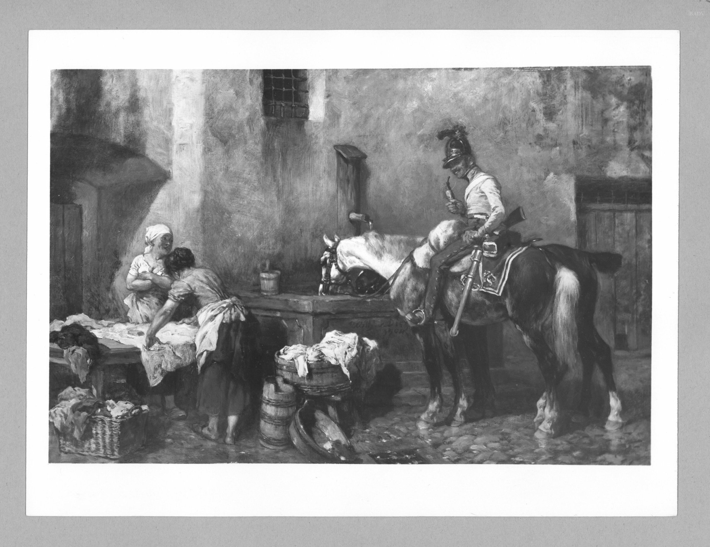 women + officer on horseback at a fountain by Wilhelm von Diez