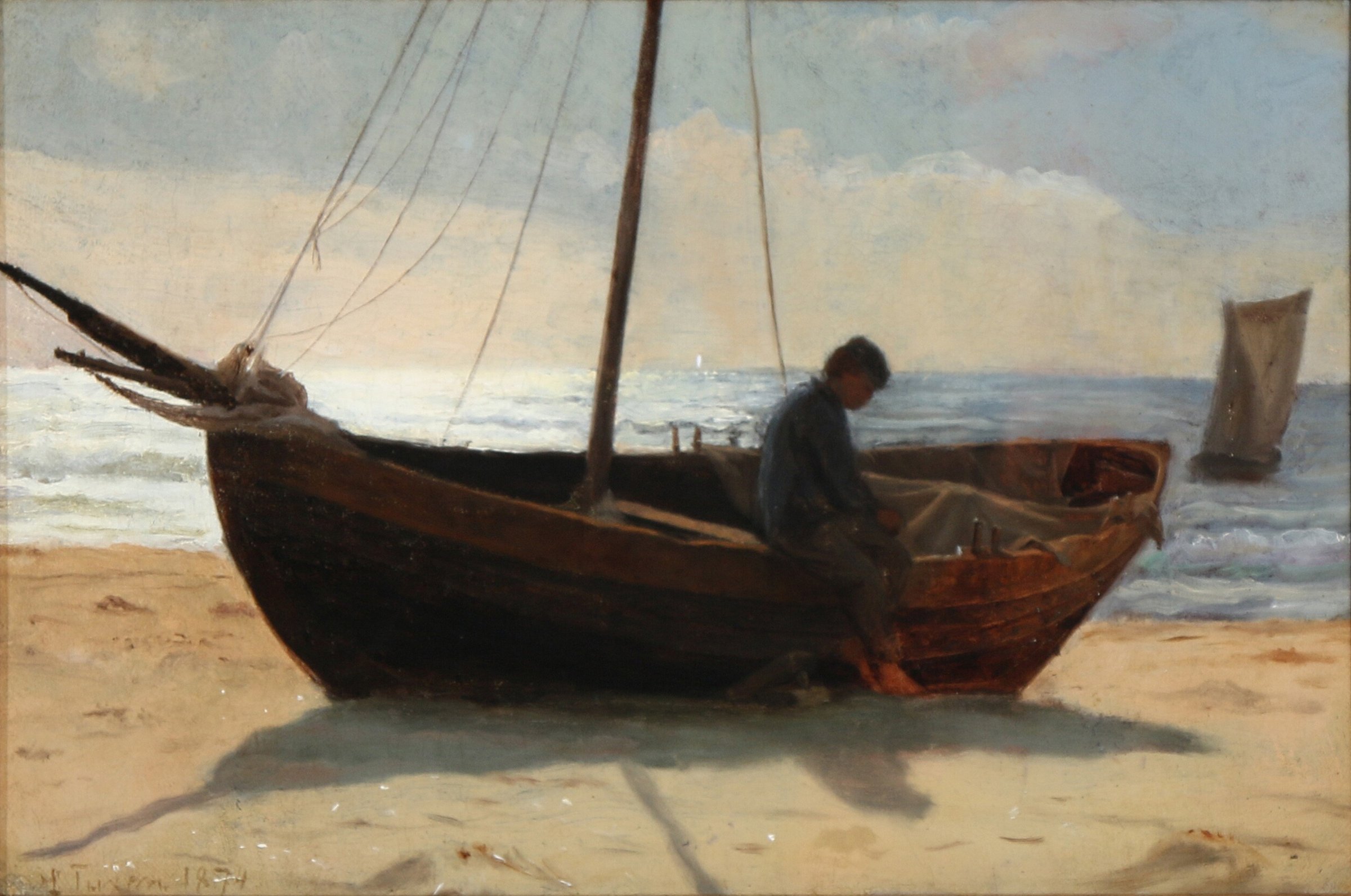 Fisher boy in a boat on the beach. Sketch. by Laurits Tuxen