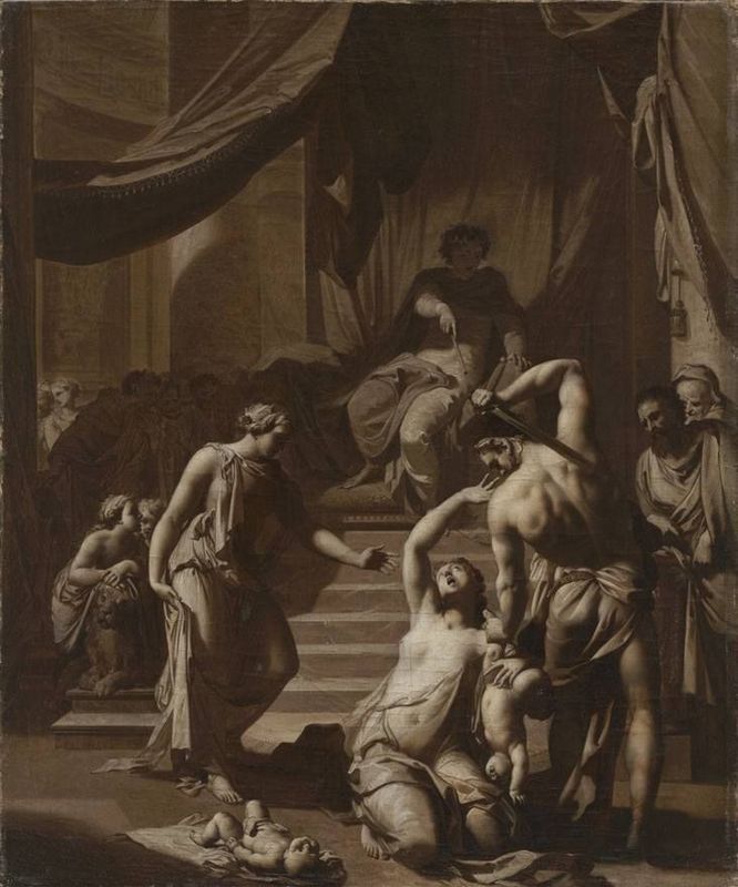 Solomon gives verdict: Solomon gives verdict; he commands a soldier to divide the living child in two; the true mother objects to Solomon's verdict (1 Kings 3:25-27)