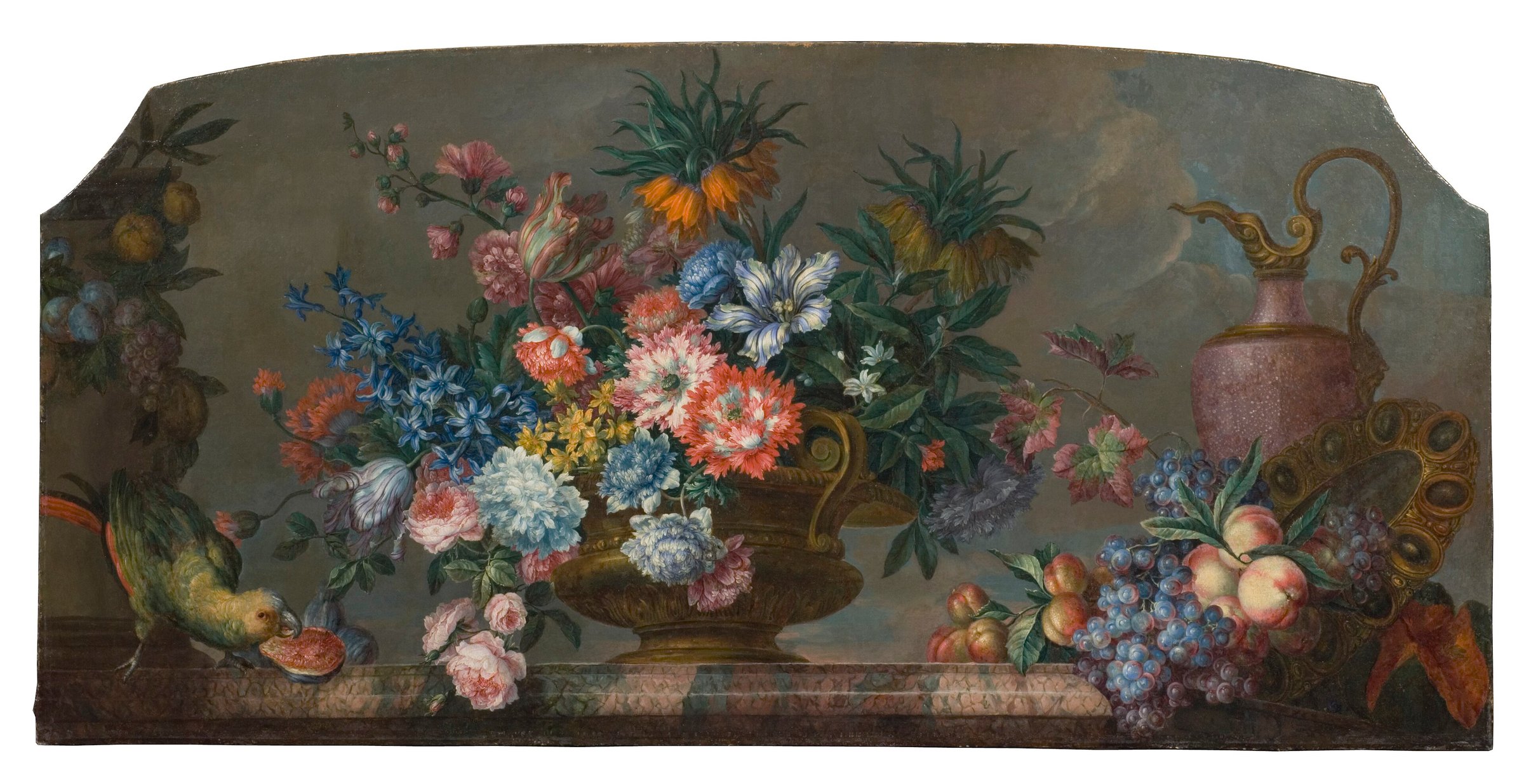 Flowerpiece with Vases and a Parrot by Antoine Monnoyer