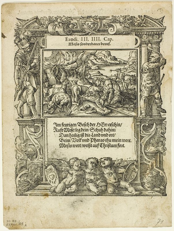 Moses and the Burning Bush (recto) and The Infant Moses Put into the River (verso) from Neue künstliche Figuren biblischer Historien, plate 55 from Woodcuts from Books of the XVI Century