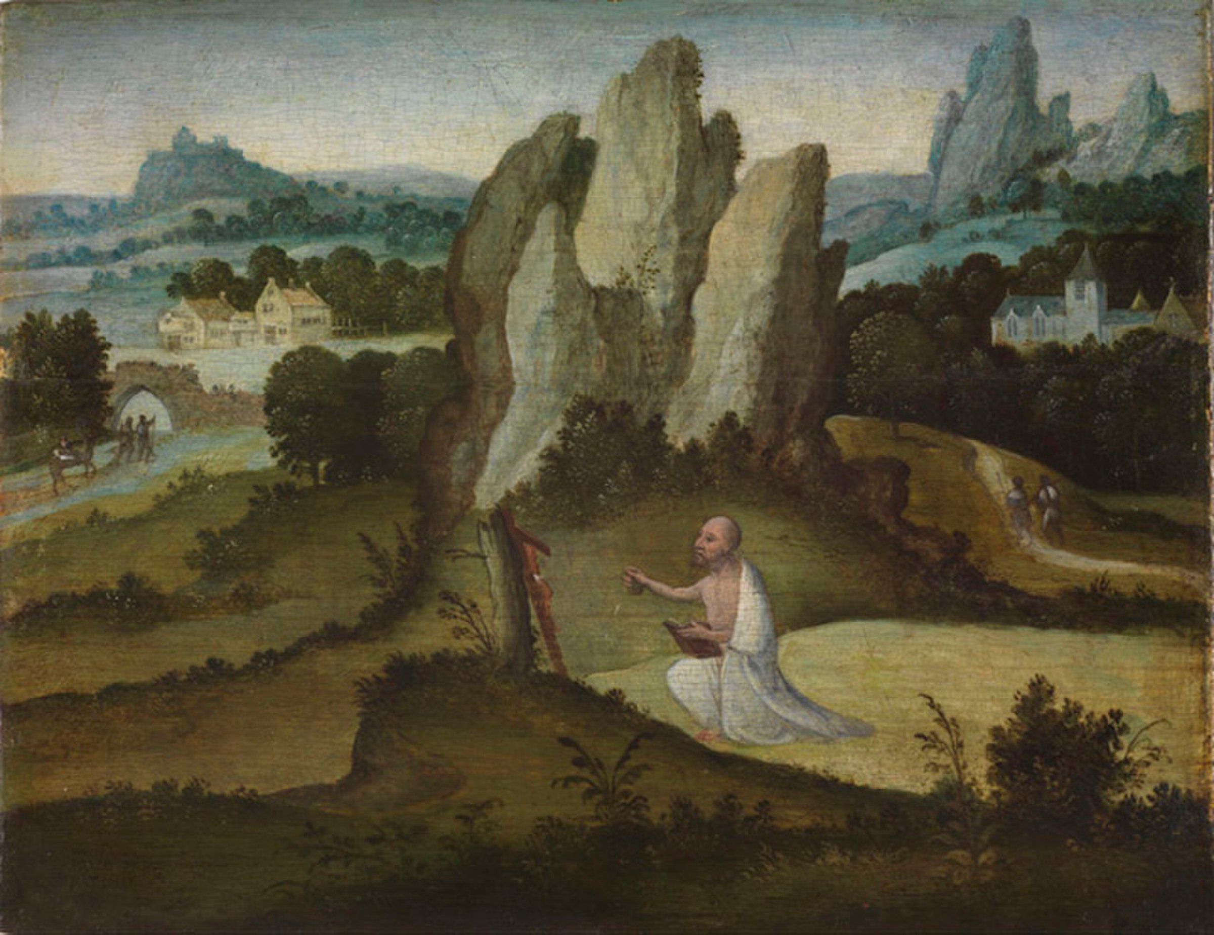 Landscape with St. Jerome as penitent in the desert, half naked, kneeling before a crucifix and holding a stone in his hand to beat his breast by Joachim Patinir