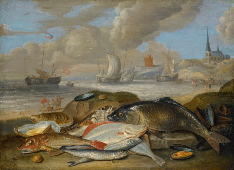 Still life of fish in a harbor landscape, possibly an allegory of the element of water
