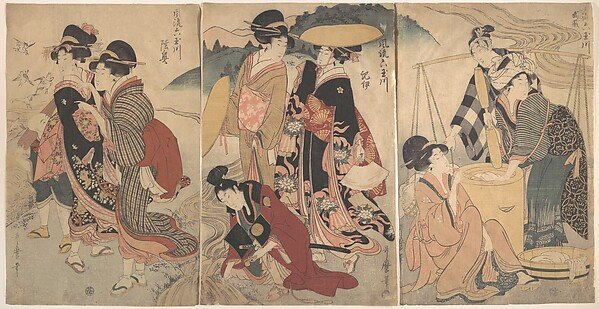 風流六玉川 武蔵 紀伊 陸奥|Women and a Man in the Country; Some pageant(?) by Kitagawa Utamaro