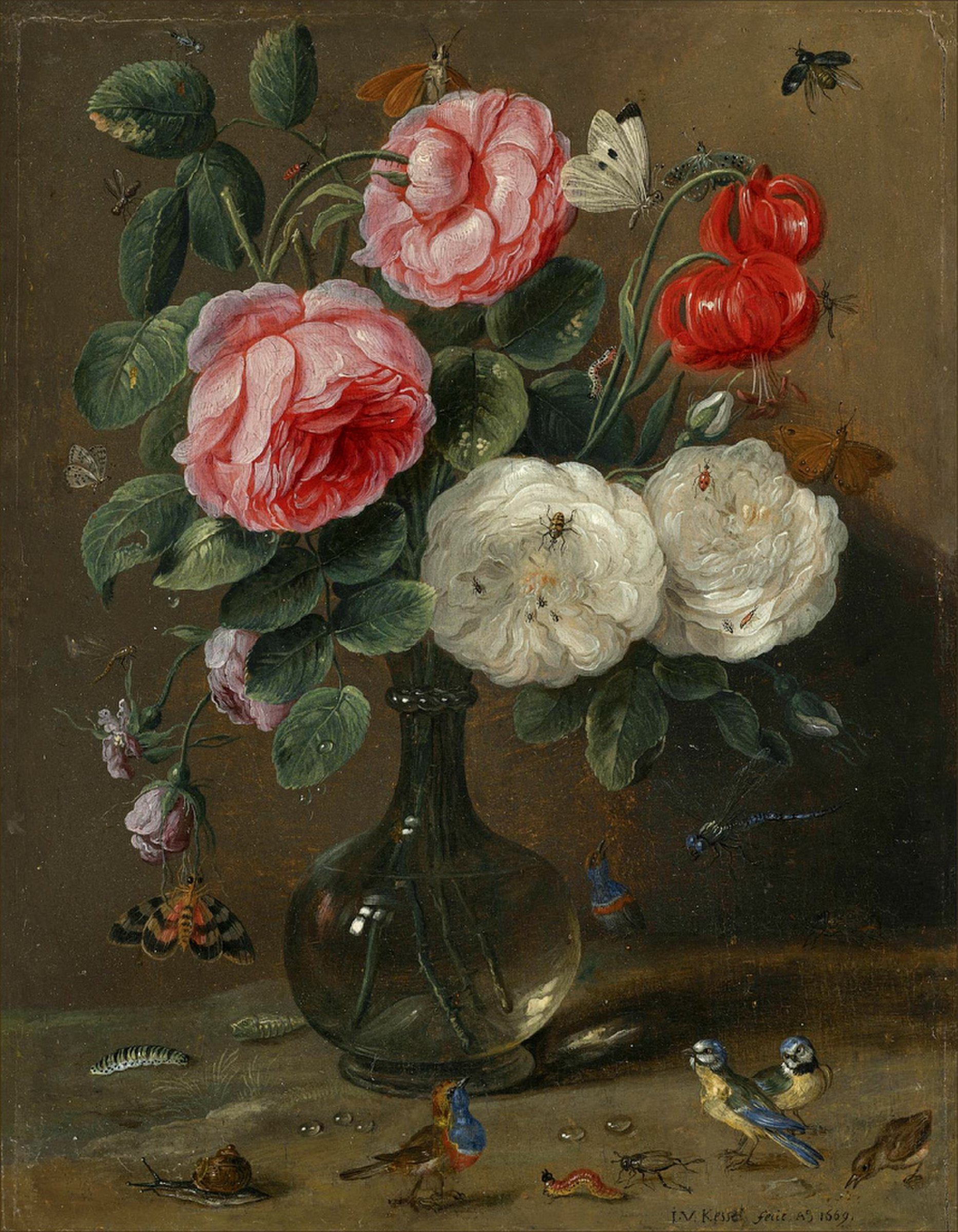 Still life of roses in a glass vase with numerous insects, including butterflies, a ladybird, a bee and a dragon fly, together with further insects and small songbirds, including two bluetits by Jan van Kessel the Elder