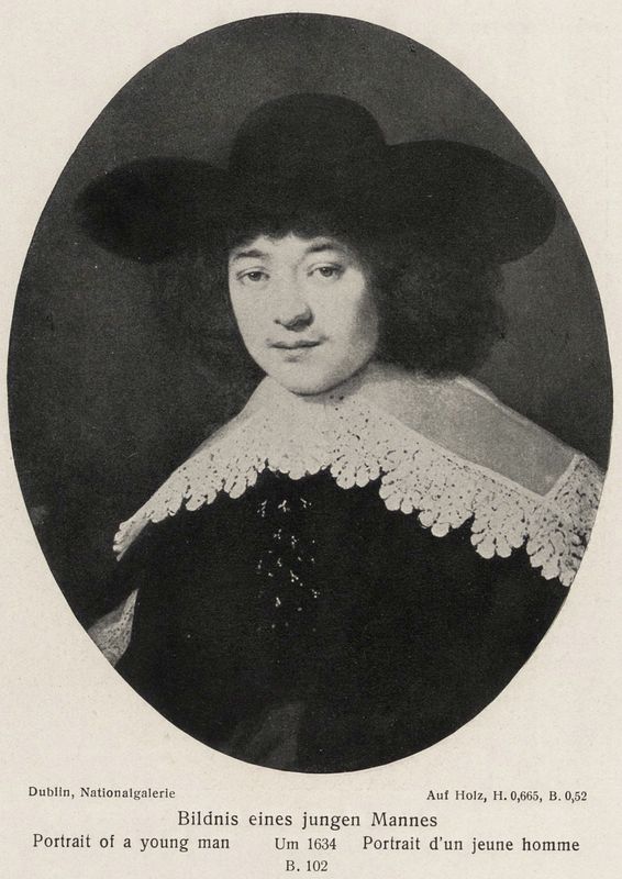Oval portrait of a man wearing a split-sleeve jacket with flat lace collar and broad-brimmed hat