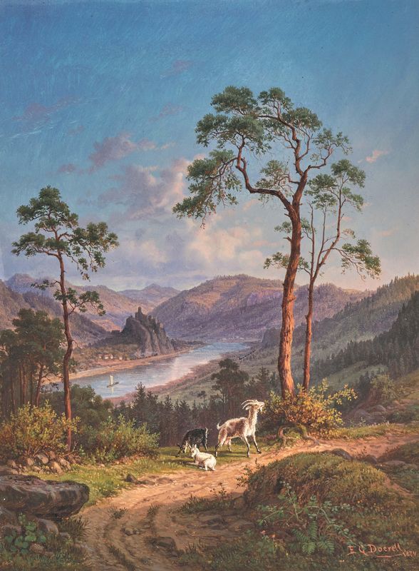Goats in the mountains, in the background Schreckenstein Castle